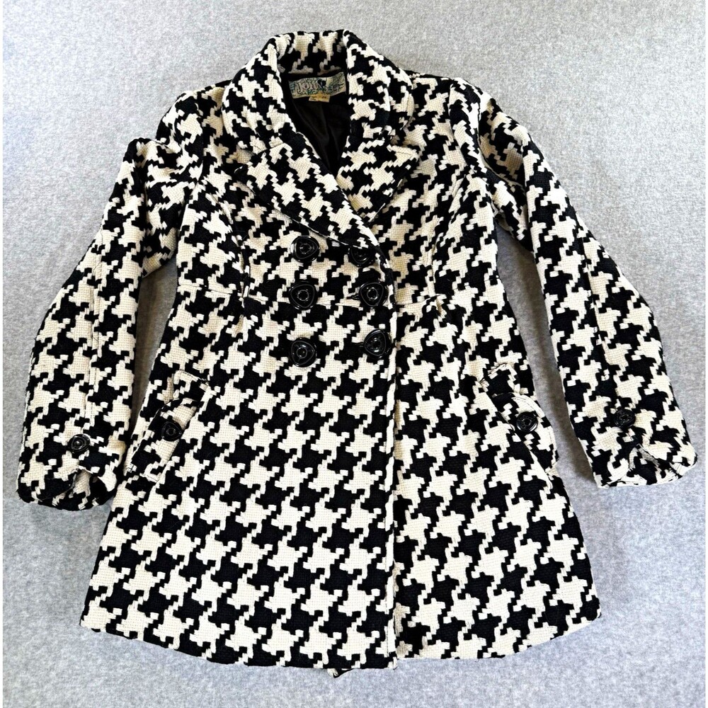 VTG Jolt Houndstooth Tweed Pea Coat M Black White Double Breasted Bow Back Y2k